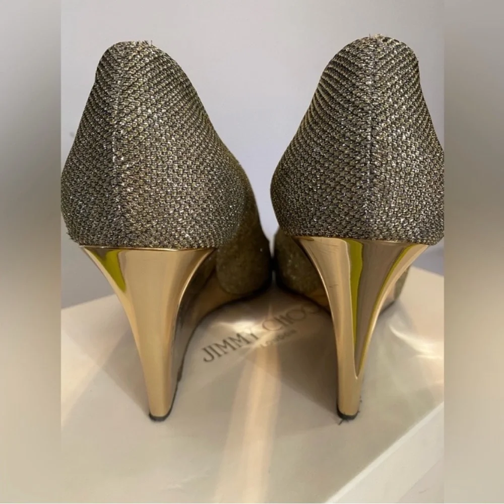 Jimmy Choo Gold Glitter Baxen Peep Toe Wedge Pumps  (9)
